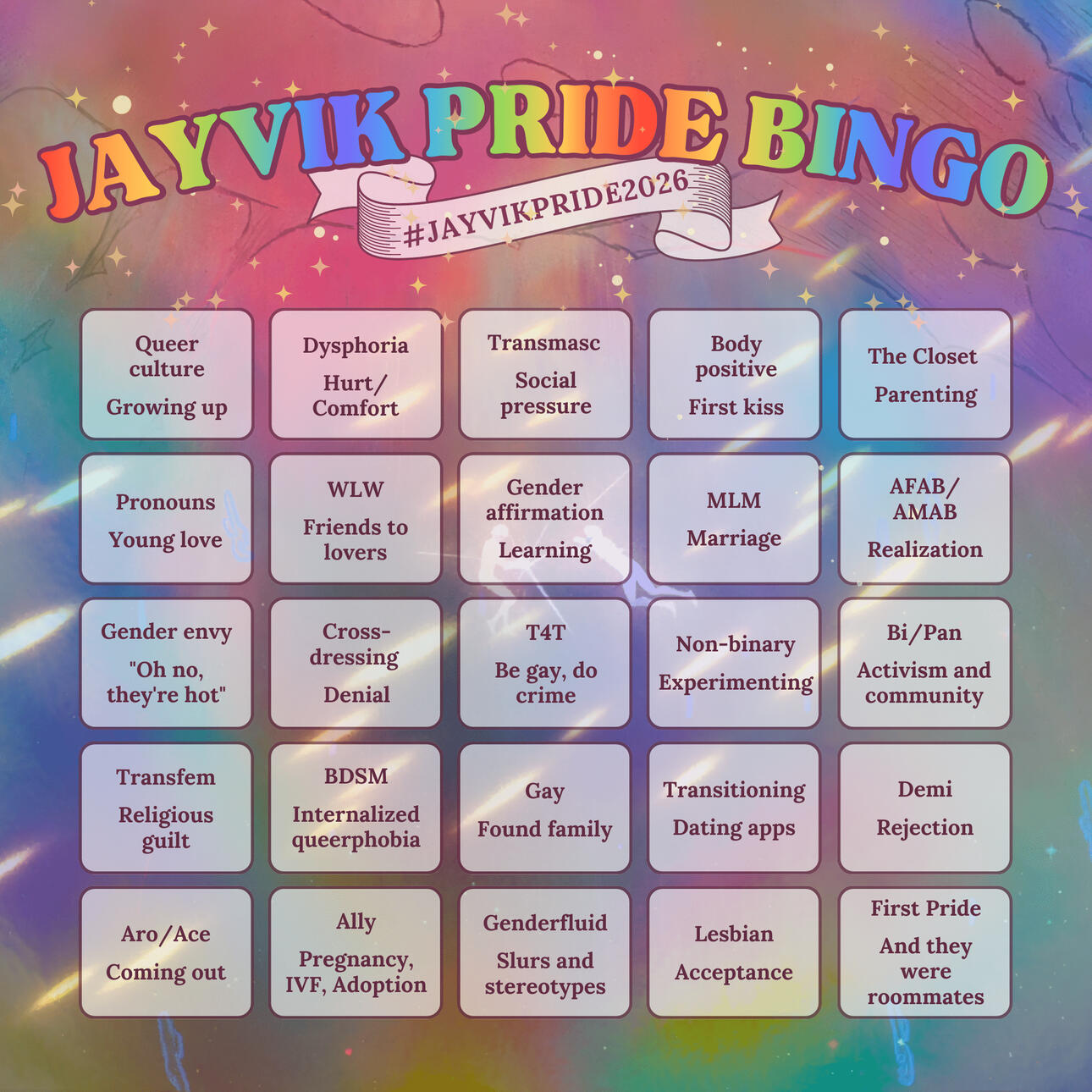 Jayvik Pride Bingo prompts card for #JAYVIKPRIDE2026. A 5x5 grid with 25 squares, each containing two prompts. Read left-to-right, top-to-bottom. Row 1: Square 1: Queer culture / Growing up Square 2: Dysphoria / Hurt/Comfort Square 3: Transmasc / Social p